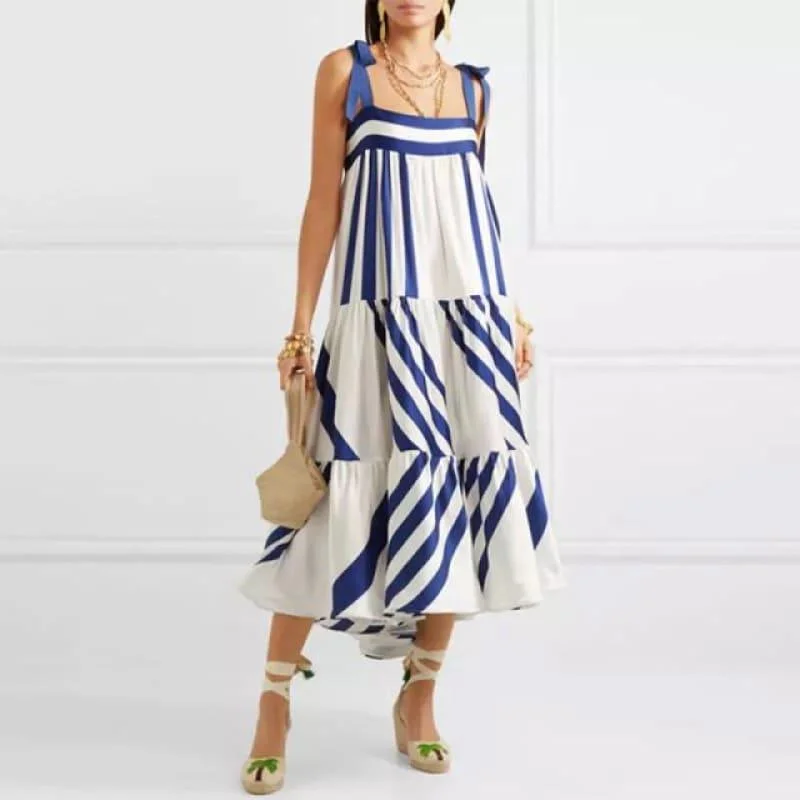 Blue and White Striped Spaghetti Strap Long Back Less Bow Lace Up Maxi Dress Elegant Maxi Dress with Ruffles