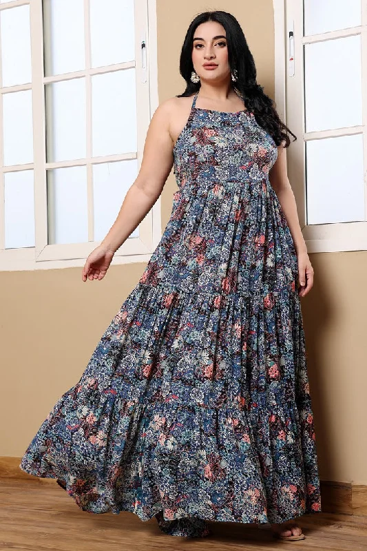 Blue Floral Printed Layered Maxi Dress Elegant Floral Maxi Dress