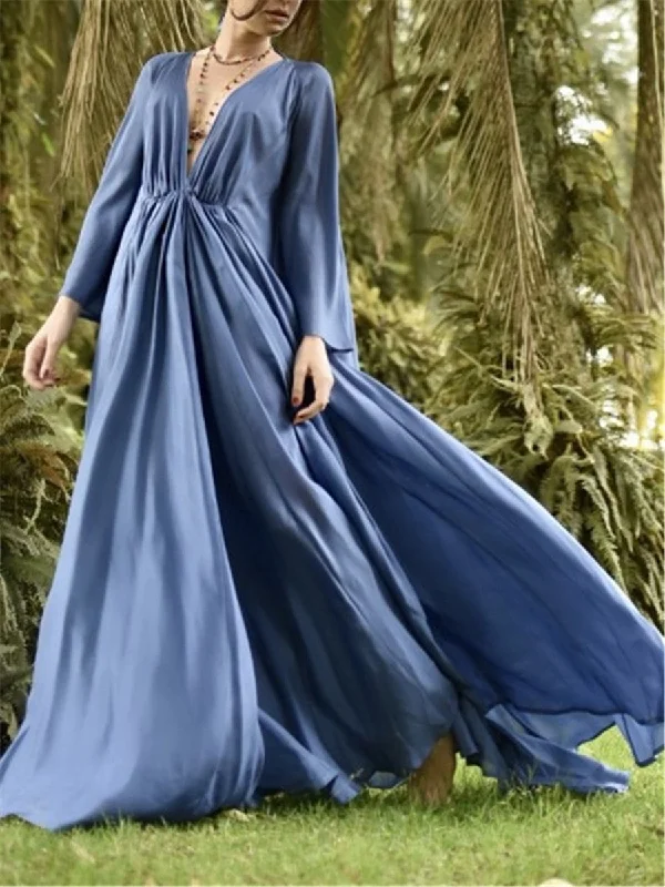 Bohemian Romantic V Neck Long Sleeve Maxi Dress Comfortable Ruffle Maxi Dress