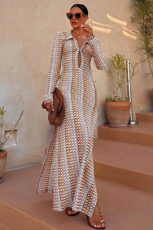 Boho Collared V Neck Split Wavy Striped Crochet Beach Vacation Maxi Dress - Brown Trendy Maxi Dress with Lace