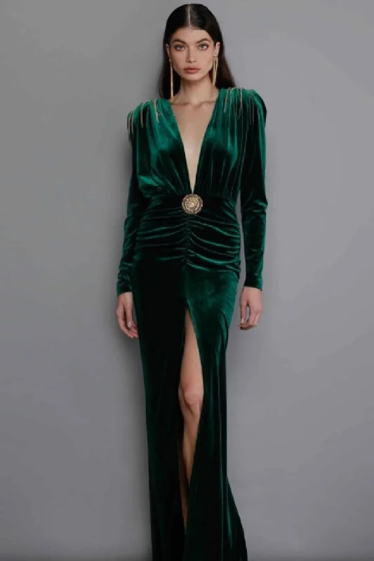 Deep V Long Sleeve Fringe Evening Maxi Dress - Emerald Green Classic Solid Maxi Dress