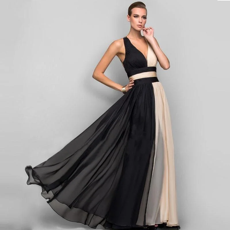 Elegant V-Neck Backless Formal Long Chiffon Maxi Dress Comfortable Pleated Maxi Dress