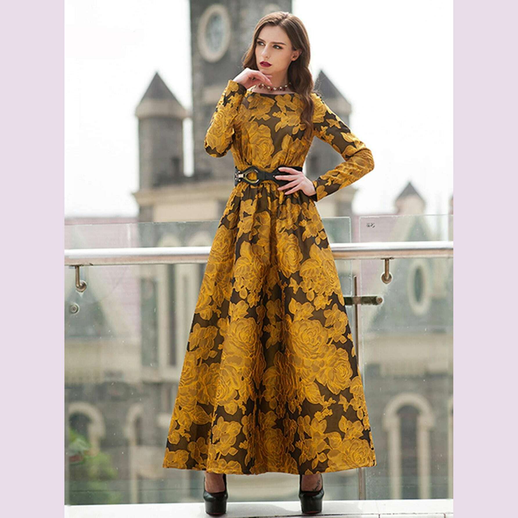 Elegant Women Floral Long Maxi Dress Jacquard Evening Party Boho Fall Winter Vintage Dress Ladies A-Line Robe Elegant Maxi Dress with Pockets