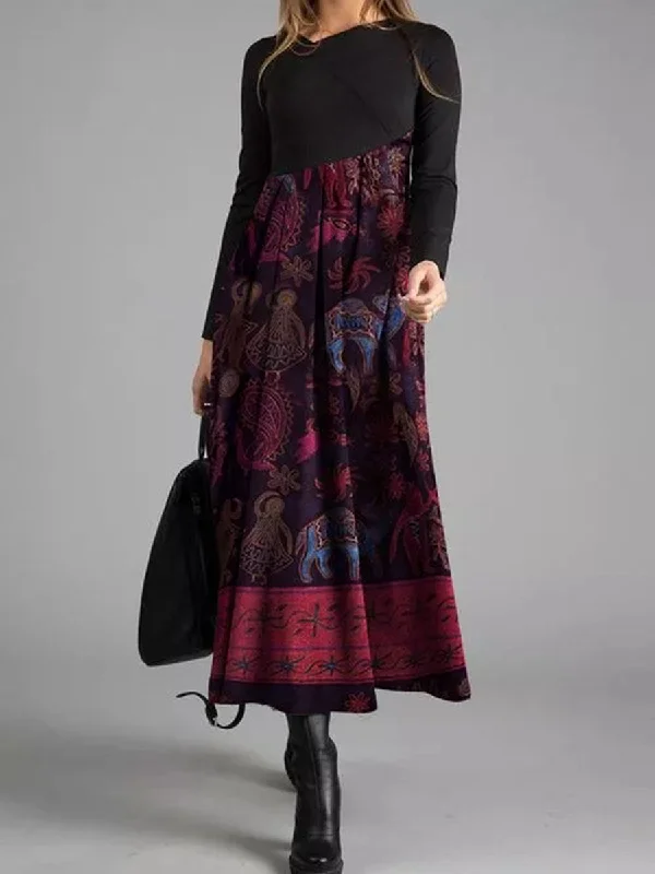 Elegant Retro Floral Long Sleeve Maxi Dress Comfortable Satin Maxi Dress