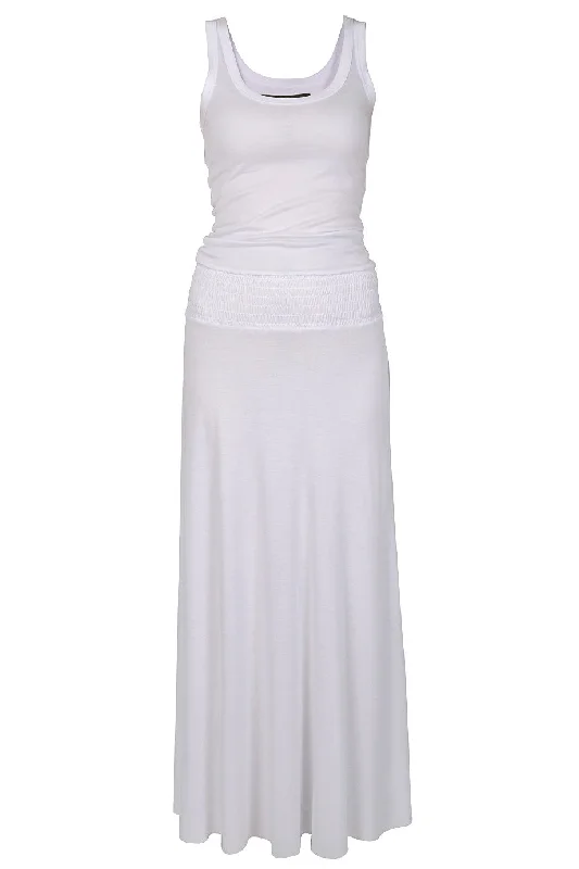 ENZA COSTA BOLD Smocked White Maxi Dress Trendy Off-Shoulder Ruffle Maxi Dress