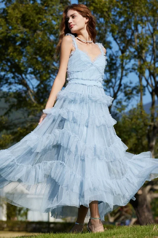 French Style Ruffle V Neck Sleeveless Tiered Tulle Evening Maxi Dress - Blue Elegant Maxi Dress with Belt