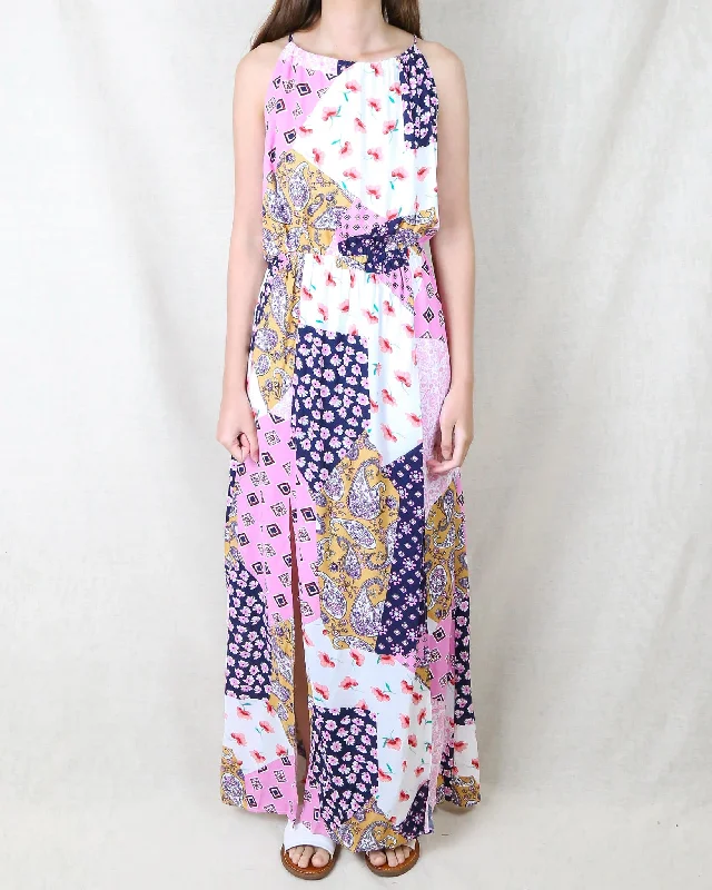 Get Like Floral Patchwork Maxi Dress in Navy/Pink Fashionable Printed Maxi Dress