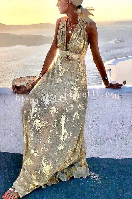 Lilipretty Golden Sunset Stories V-neck Maxi Dress Cozy Ruffle Sleeve Maxi Dress