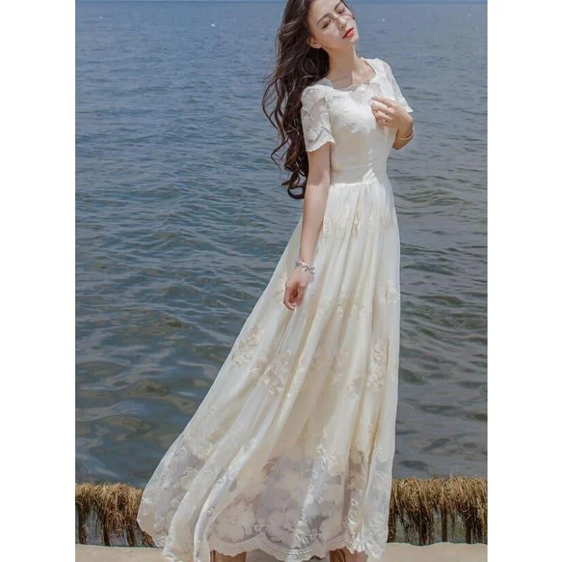 High Quality Stylish Short Sleeve Flower Embroidery A Patterned  Lace Long Maxi Dress Comfortable T-Shirt Maxi Dress