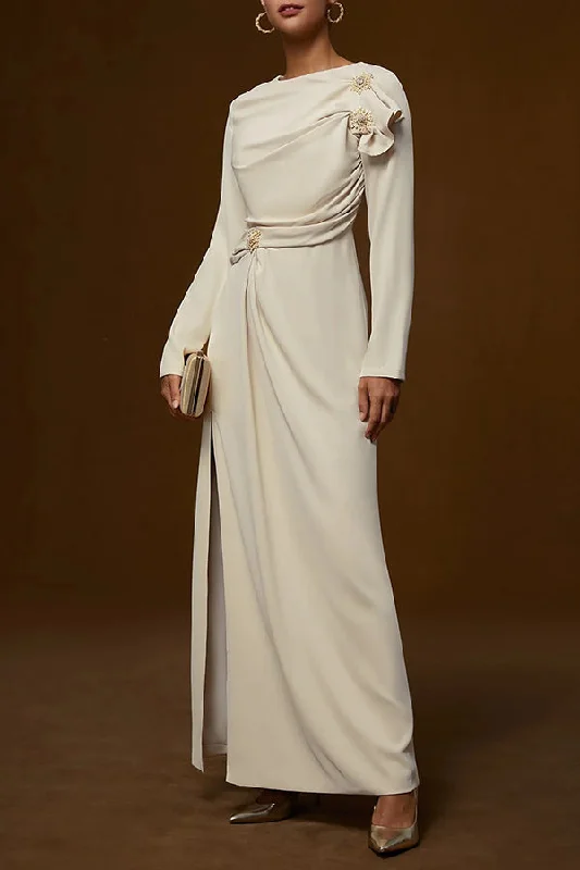 Elegant Ruched Long Sleeve Slit Shift Maxi Dress Stylish V-Neck Maxi Dress