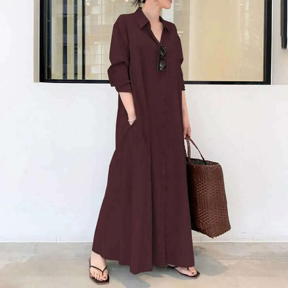 Loose Cut Button Closure Dress Spring Maxi Dress with Turn-down Collar Single-breasted Long Sleeve Ankle Length Women's Loose Classic V-Neck Maxi Dress