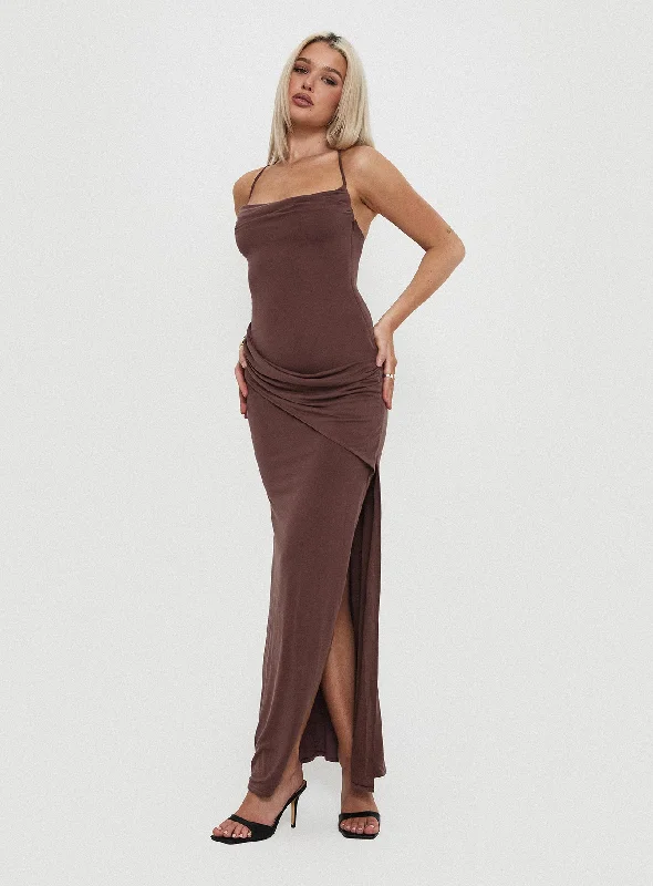 Marchesi Cupro Maxi Dress Chocolate Elegant Sleeveless Maxi Dress