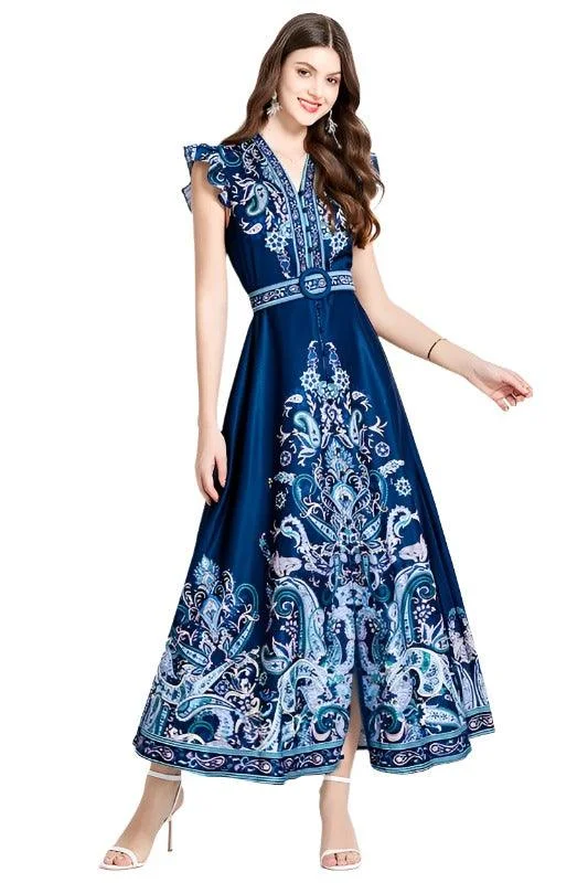 Navy Blue Floral Flutter Sleeve Maxi Dress Stylish Maxi Dress with Pleats