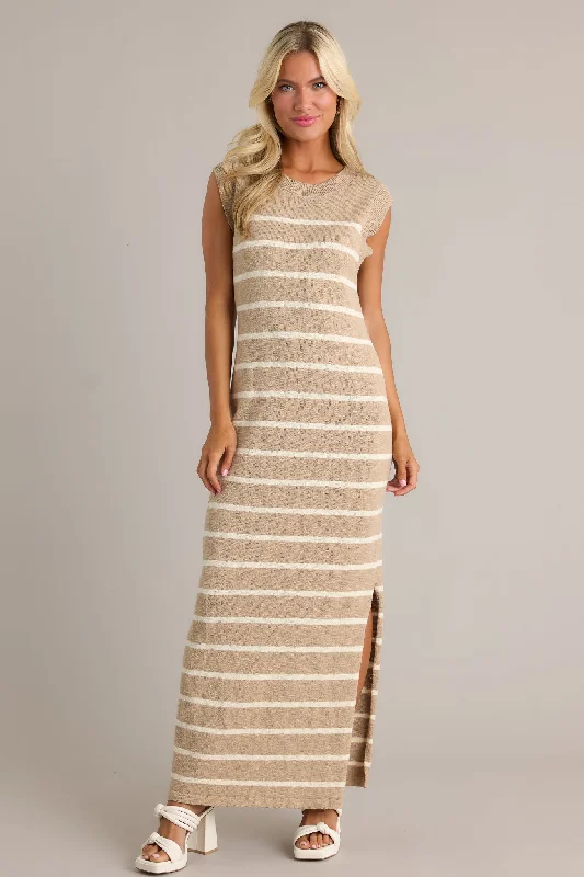 Neutral Grace Taupe Stripe Sleeveless Maxi Dress Elegant Velvet Maxi Dress