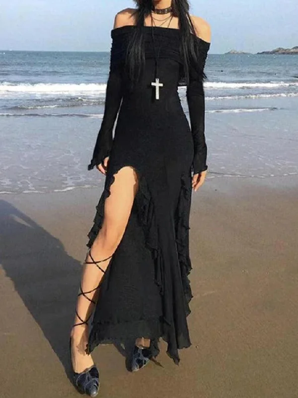 Off Shoulder Ruffle High Slit Maxi Dress Comfortable Long-Sleeve Maxi Dress