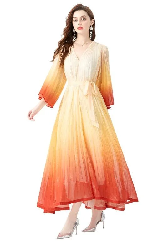 Orange Red Gold Ombre Maxi Dress Fashionable Chiffon Tiered Maxi Dress