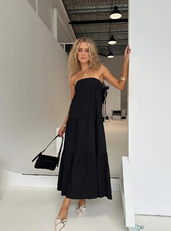 Osment Maxi Dress Black Stylish Pleated A-Line Maxi Dress