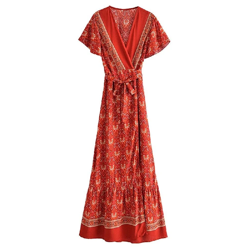 Pandora Red Vintage Floral Wrap Maxi Dress Fashionable Off-Shoulder Maxi Dress