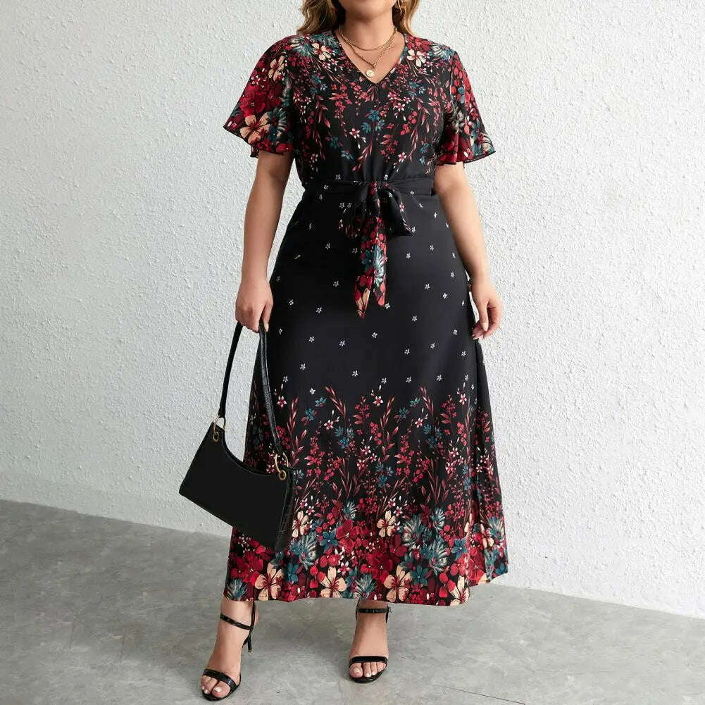 Plus Size Floral Print Dress Floral Print A-line Maxi Dress with Lace-up Belt V Neck for Women Plus Size Ankle Length Party Prom Chic Off-Shoulder Maxi Dress