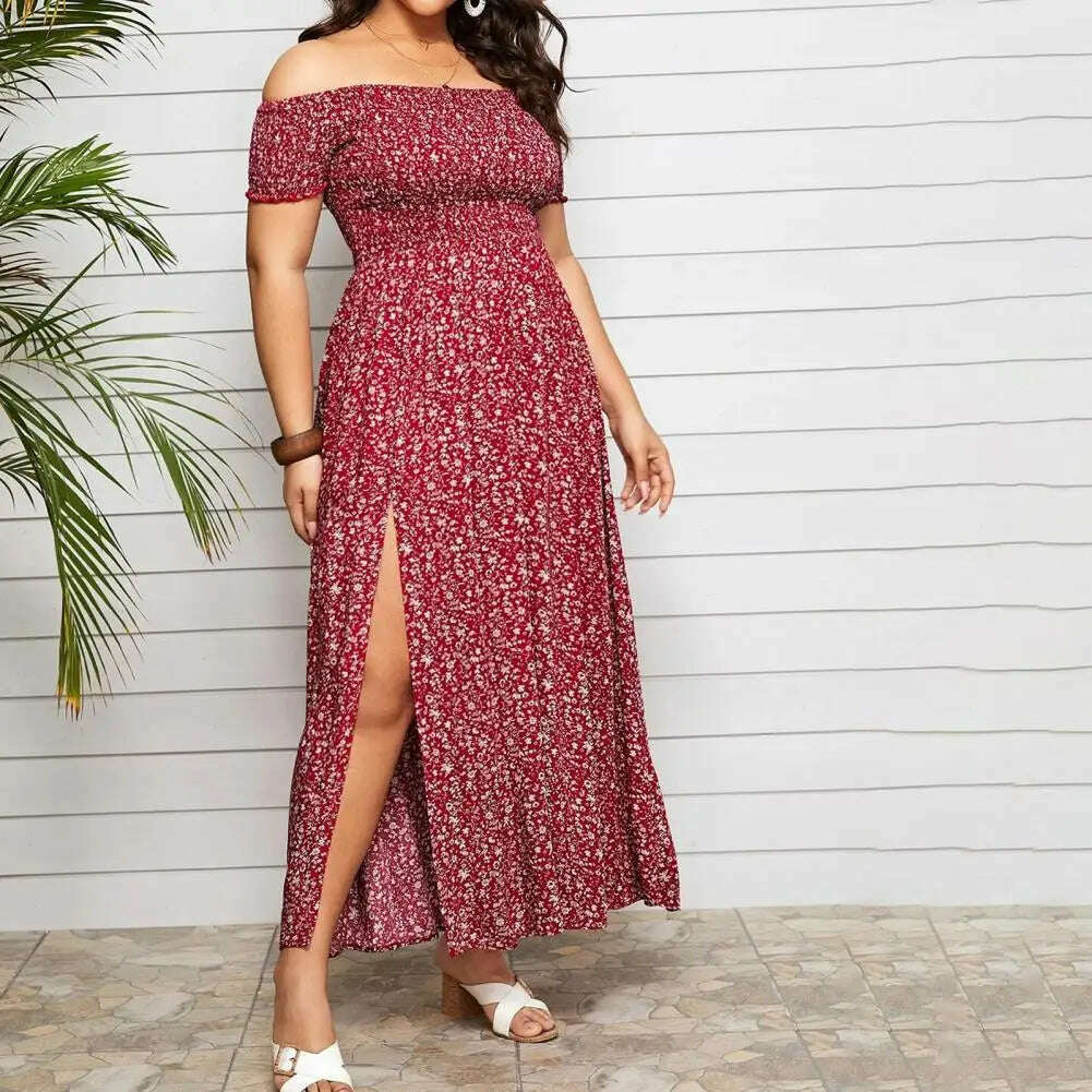 Plus Size Maxi Dress Elastic Chest Wrapped Fine Sewing Long Dress Bohemia Style Off Shoulder Long Dress Trendy Button Front Maxi Dress