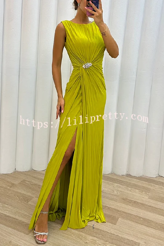 Lilipretty Pretty Special Pleated Embellished Slit Evening Maxi Dress Fashionable Sleeveless Maxi Dress