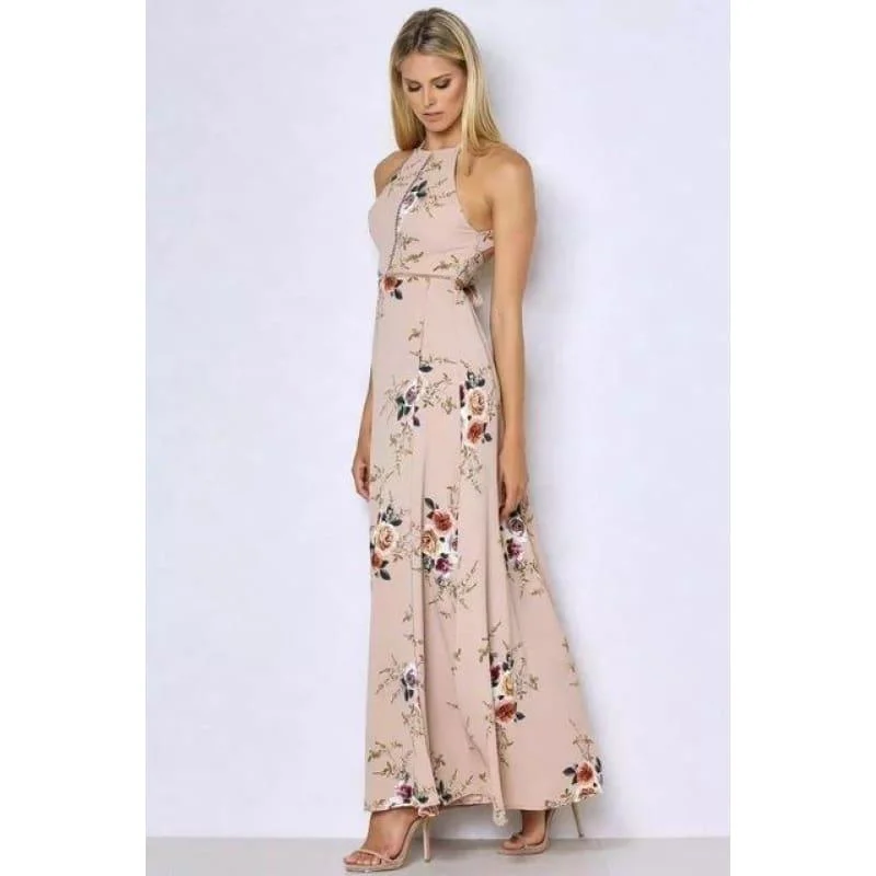 Printed Floral Halter Chiffon Backless Summer Maxi Dress Stylish Boho Maxi Dress