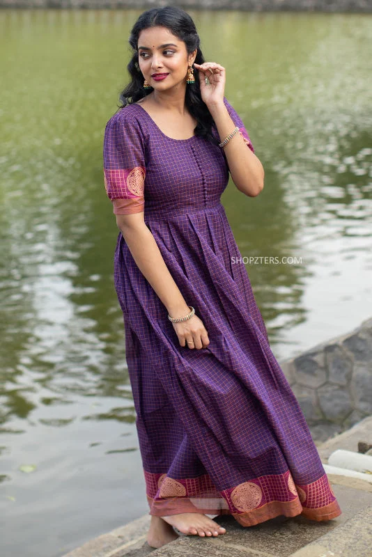 Purple Checks Handloom Maxi Dress Trendy Short Sleeve Maxi Dress