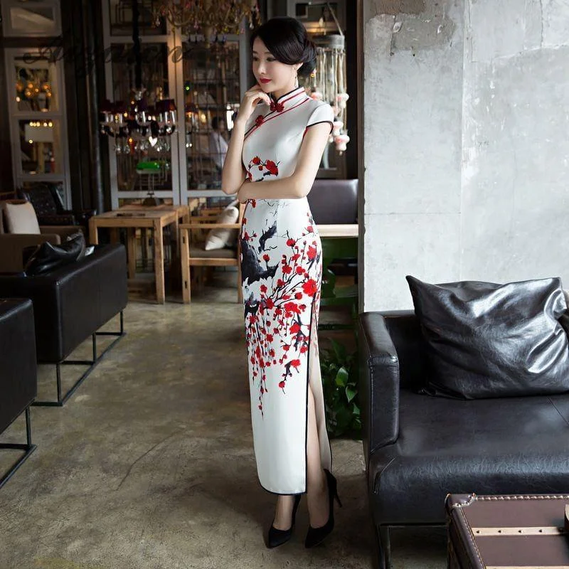 Red Flower Cheongsam White Long Qipao Traditional Dress Oriental Style Maxi Dress Cozy Knitted Maxi Dress