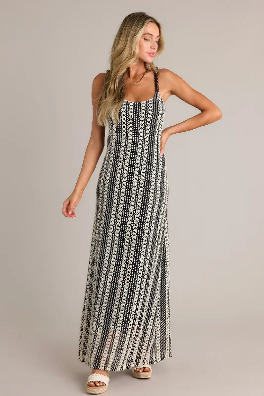 Regal Rhapsody 100% Cotton Black Stripe Knit Maxi Dress Trendy Short Sleeve Maxi Dress