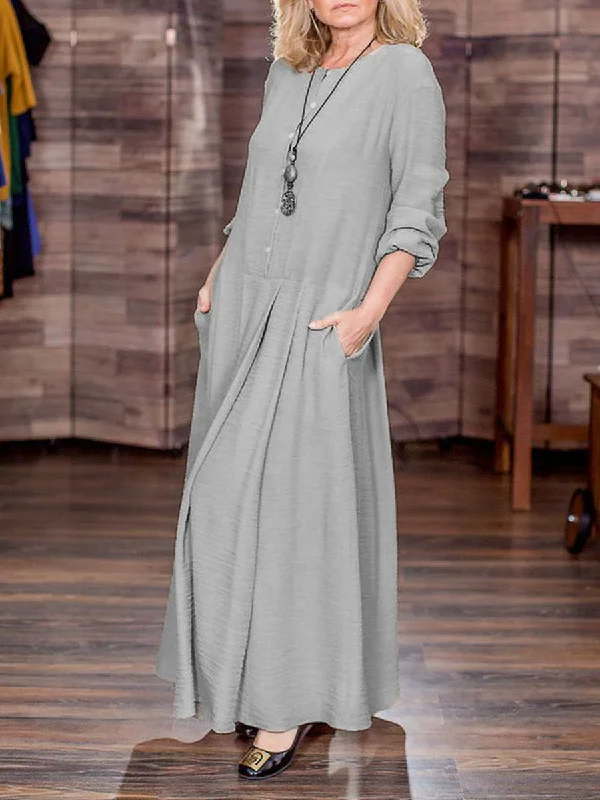 Simple Casual Loose Round Neck Long Sleeve Knitted Maxi Dress Fashionable Chiffon Maxi Dress