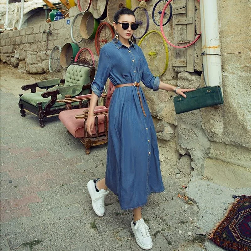 Sky Blue Spring Vintage Denim Shirt Maxi Dress Cozy Spaghetti Strap Maxi Dress