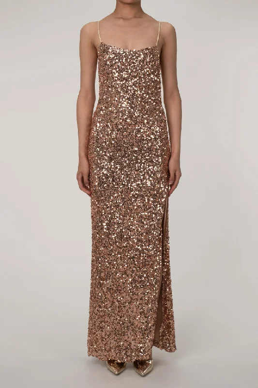 Sparkly Spaghetti Strap High Slit Sequin Maxi Dress - Bronze Gold Chic Off-Shoulder Maxi Dress