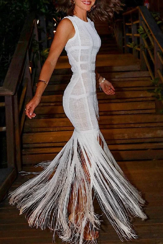 Swingy Fringe Round Neck Sheer Tulle Bandage Sleeveless Maxi Dress - White Elegant Silk Maxi Dress