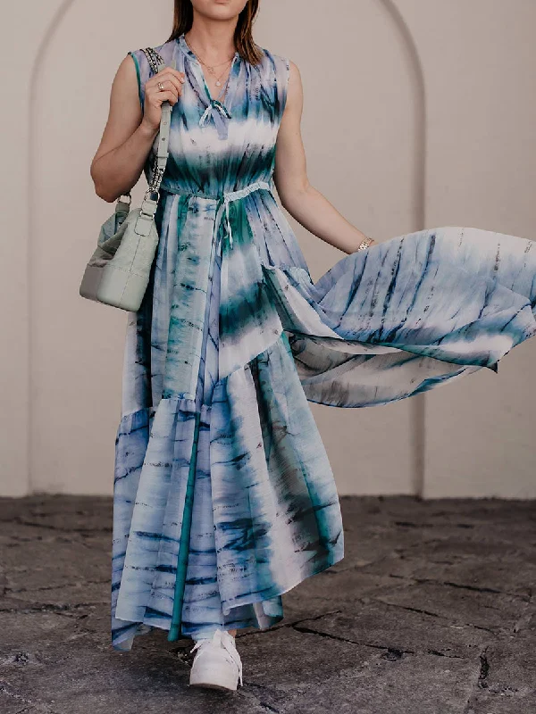 Tie-dye Sleeveless Casual Maxi Dress Comfortable Maxi Dress with Slits