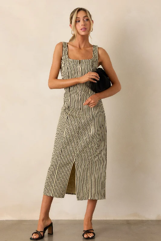 Timeless Beauty Black Stripe Zip Front Denim Maxi Dress Comfortable Bohemian Maxi Dress