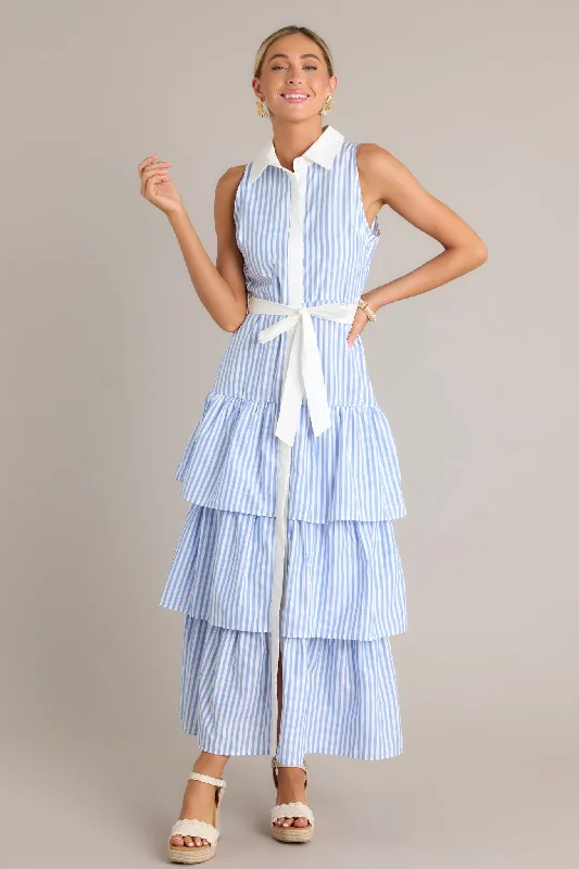 Treasure Trove Blue Stripe Button Front Maxi Dress Comfortable Bohemian Maxi Dress