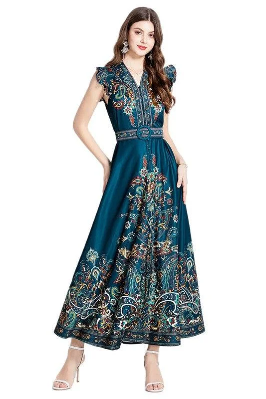 Turquoise Blue Floral Flutter Sleeve Maxi Dress Elegant Boho Maxi Dress