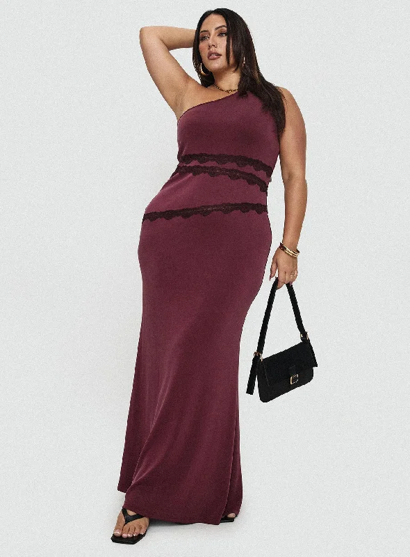 Ultraviolet One Shoulder Lace Maxi Dress Wine Curve Classic Tulle Maxi Dress