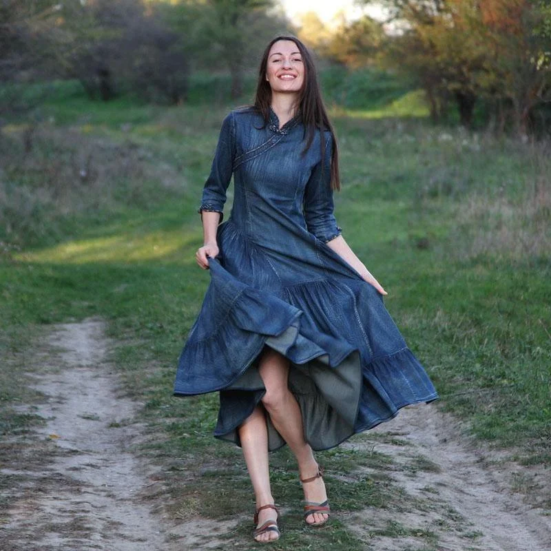 Vintage Women Three Quarter Sleeve A-Line Blue Denim Maxi Dress Elegant Maxi Dress with Drapes