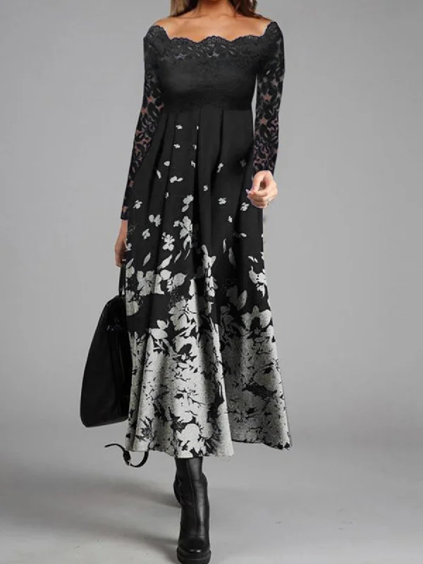 Vintage Elegant Long Sleeve Lace Floral Maxi Dress Trendy Maxi Dress with Straps