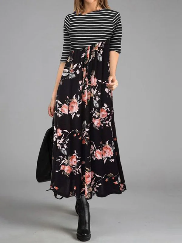 Vintage Elegant Striped Floral Maxi Dress Classic V-Neck Maxi Dress