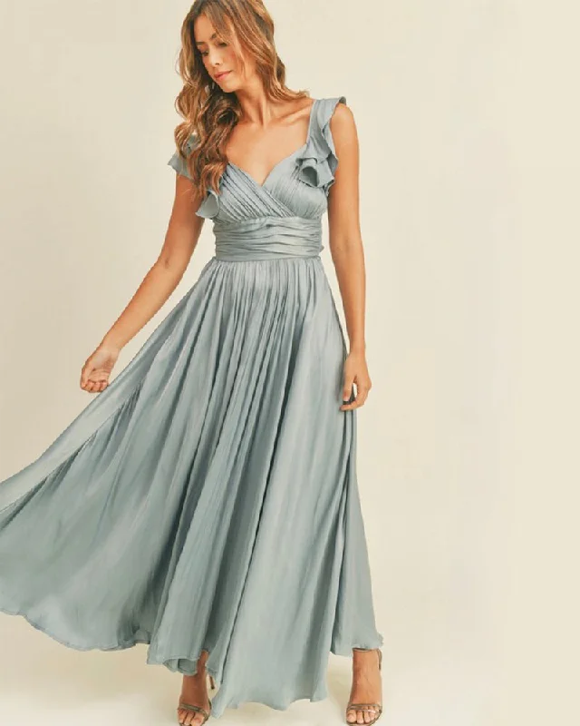 Wedding Guest Dress Satin Maxi Dress in Dusty Blue Chic Summer Floral Maxi Dress