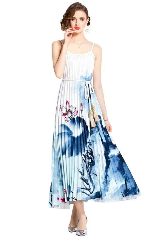 White Blue Floral Belted Maxi Dress Comfortable Bohemian Maxi Dress