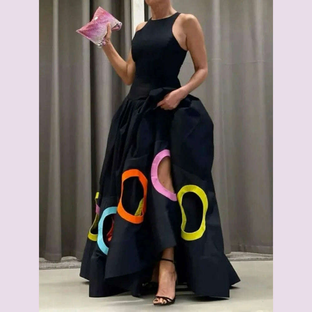 Yeezzi Women Fashion Colorful Printed Hollow Pleated A-line Dress 2024 New Summer Sleeveless Party Prom Evening Maxi Dresses Trendy Ruffled Maxi Dress