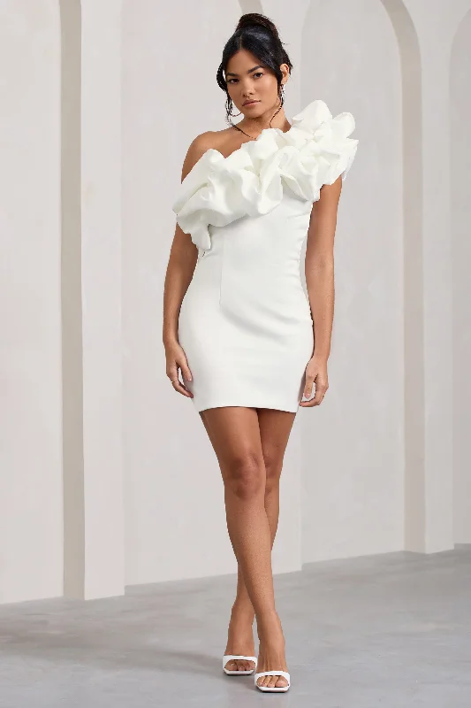 At The Opera | White Satin One Shoulder Ruffled Mini Dress Elegant Floral-Print Mini Dress