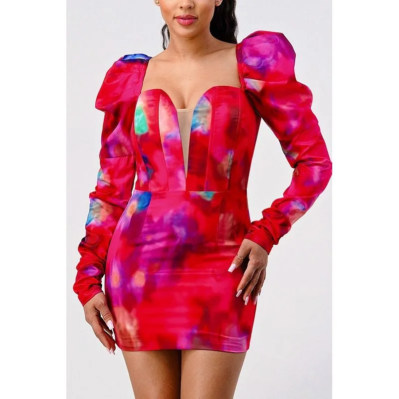 Puff shoulder long sleeve mini dress Chic Mini Dress with V-Neck