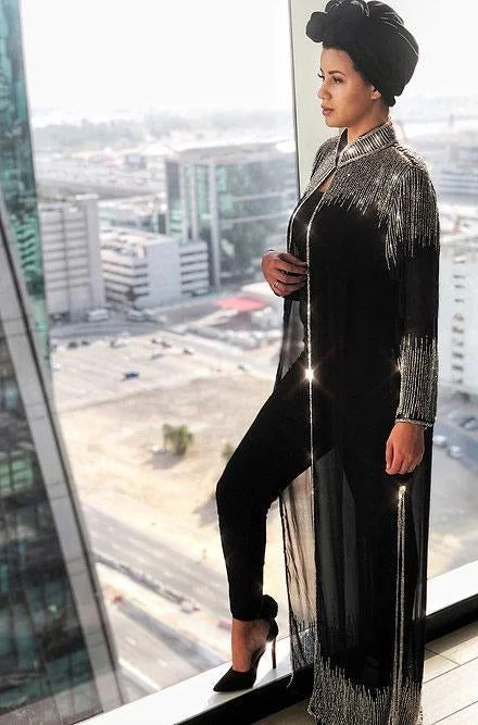 Beaded Long Drape/Jacket /Cape - (Black/Silver) Tailored Jacket Straight Jacket A-Line Jacket