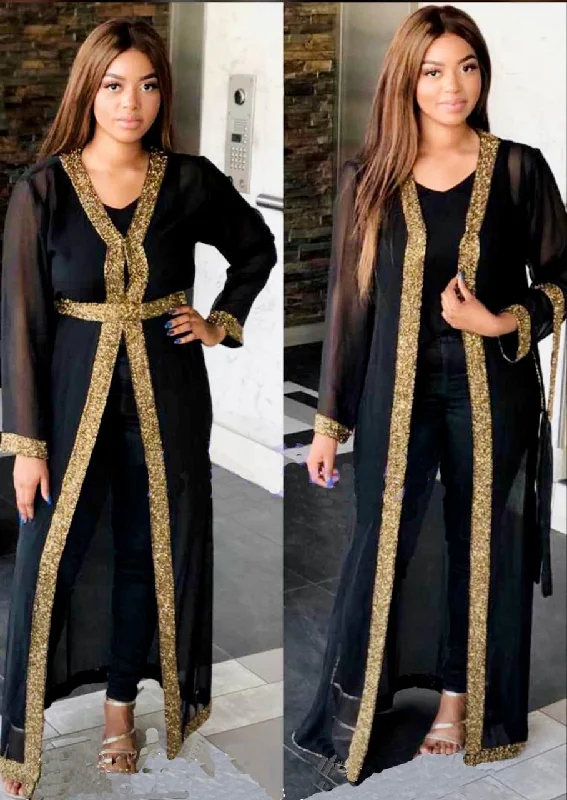 Beaded Long Drape/Jacket /Cape - Black Zippered Front Buttoned Front Snap Front