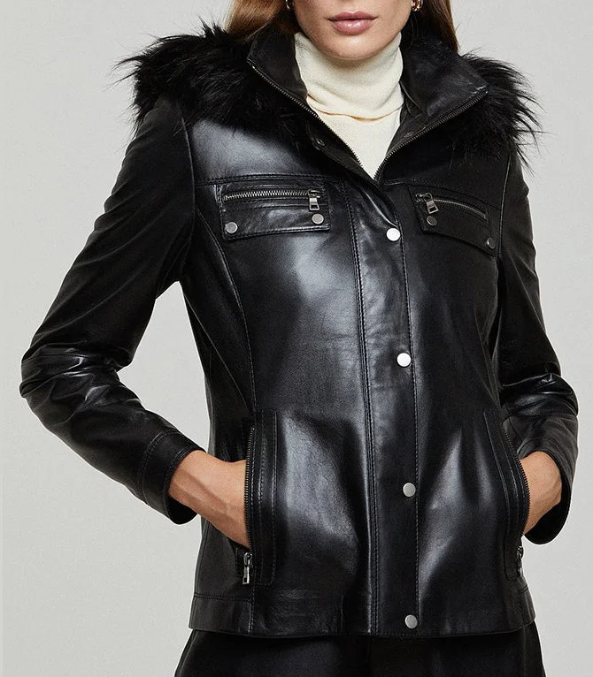 Black Edith Fur Hood Leather Jacket For Women Mesh Jacket Canvas Jacket Denim Jacket