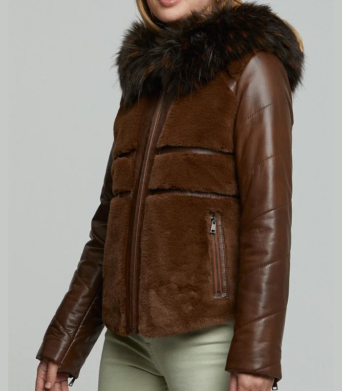 Brown Wendy Fur Hood And Front Fur Leather Jacket For Women Elasticated Jacket Padded Jacket Insulated Jacket